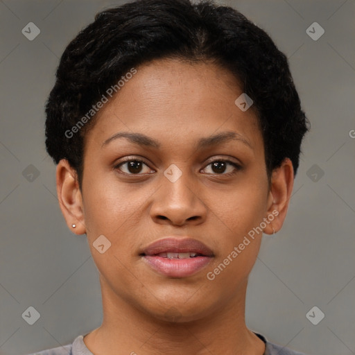 Joyful latino young-adult female with short  brown hair and brown eyes