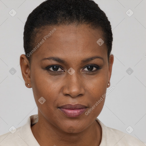 Joyful black young-adult female with short  brown hair and brown eyes