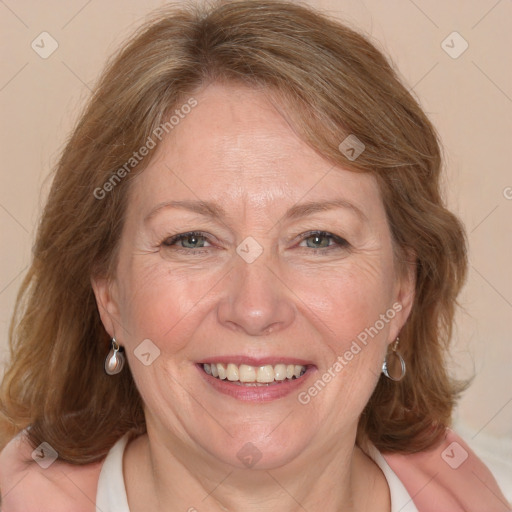 Joyful white adult female with medium  brown hair and blue eyes