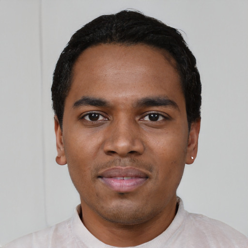 Neutral black young-adult male with short  black hair and brown eyes