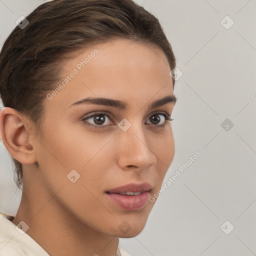 Neutral white young-adult female with short  brown hair and brown eyes