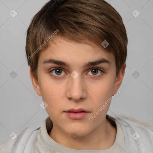 Neutral white young-adult female with short  brown hair and brown eyes