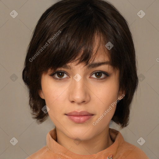 Neutral white young-adult female with medium  brown hair and brown eyes