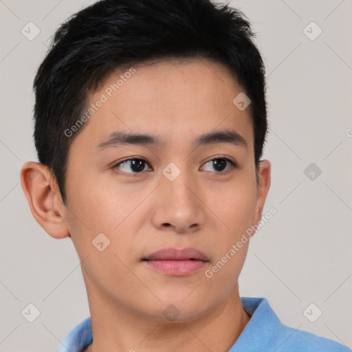 Neutral asian young-adult male with short  brown hair and brown eyes