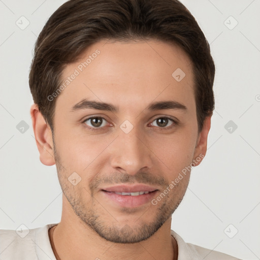 Joyful white young-adult male with short  brown hair and brown eyes