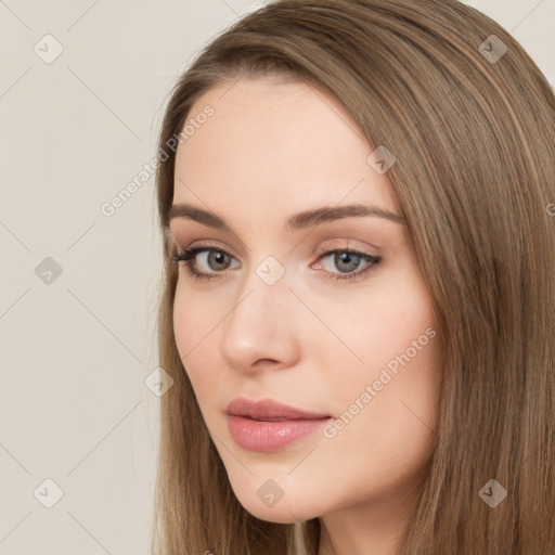 Neutral white young-adult female with long  brown hair and brown eyes