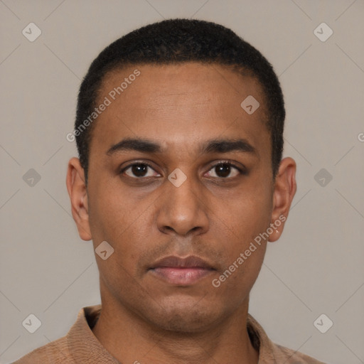 Neutral latino young-adult male with short  brown hair and brown eyes