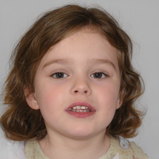 Joyful white child female with medium  brown hair and blue eyes