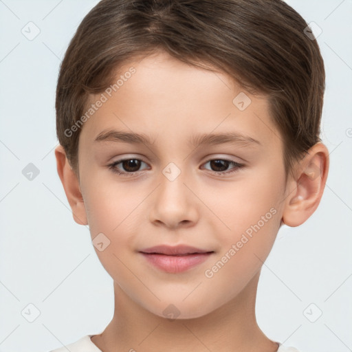 Joyful white child female with short  brown hair and brown eyes