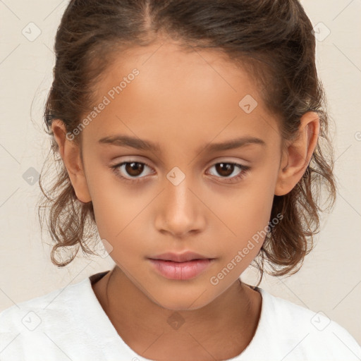 Joyful white child female with medium  brown hair and brown eyes