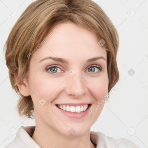 Joyful white young-adult female with medium  brown hair and blue eyes