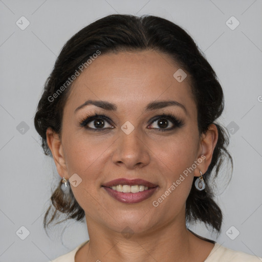 Joyful latino young-adult female with medium  brown hair and brown eyes