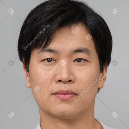 Neutral asian young-adult male with short  black hair and brown eyes