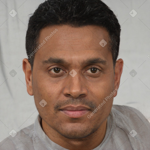 Joyful latino adult male with short  black hair and brown eyes