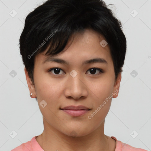 Joyful asian young-adult female with short  brown hair and brown eyes