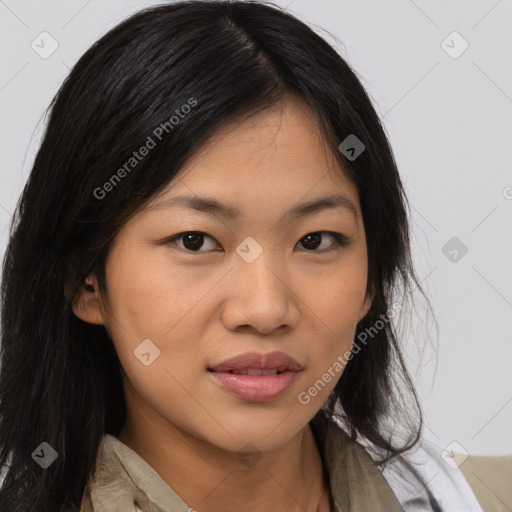 Joyful asian young-adult female with long  brown hair and brown eyes