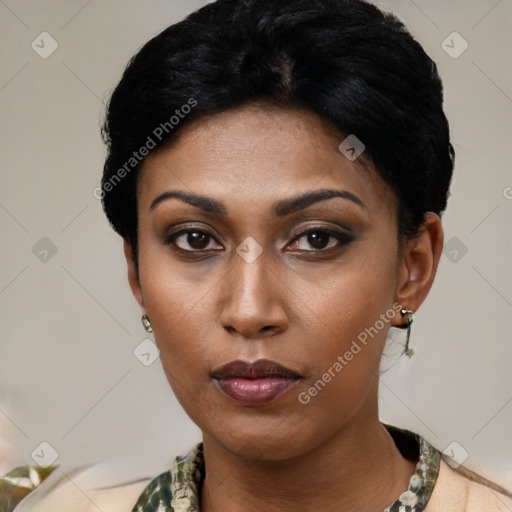 Neutral latino young-adult female with short  black hair and brown eyes