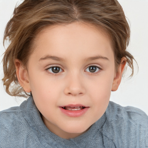 Joyful white child female with medium  brown hair and brown eyes