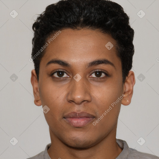 Neutral latino young-adult female with short  black hair and brown eyes