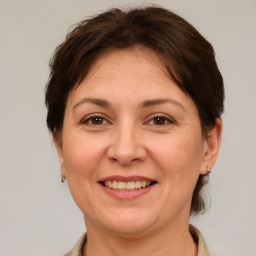 Joyful white adult female with medium  brown hair and brown eyes