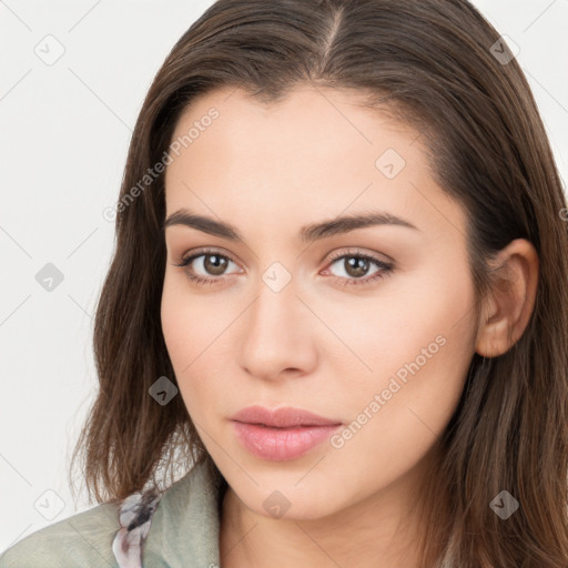 Neutral white young-adult female with long  brown hair and brown eyes