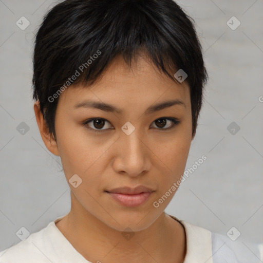 Joyful asian young-adult female with short  brown hair and brown eyes