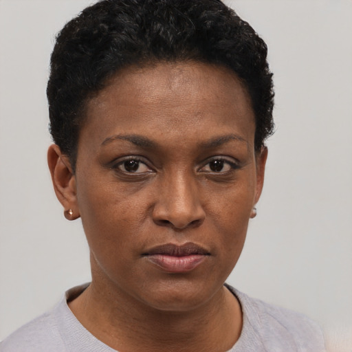 Neutral black young-adult female with short  black hair and brown eyes