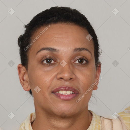 Joyful white adult female with short  brown hair and brown eyes