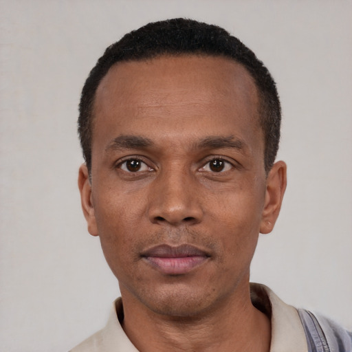 Neutral black young-adult male with short  black hair and brown eyes