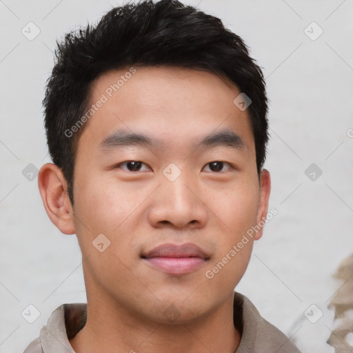 Neutral asian young-adult male with short  black hair and brown eyes