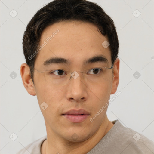 Neutral asian young-adult male with short  brown hair and brown eyes