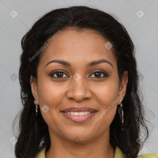 Joyful latino young-adult female with medium  brown hair and brown eyes