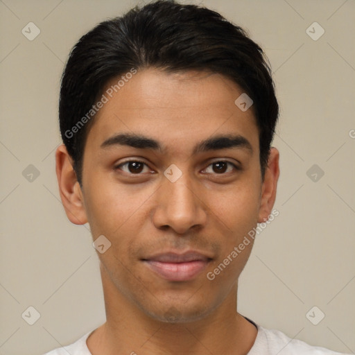 Joyful latino young-adult male with short  black hair and brown eyes