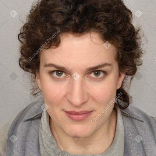 Joyful white young-adult female with medium  brown hair and blue eyes