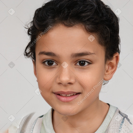 Joyful white child female with short  brown hair and brown eyes