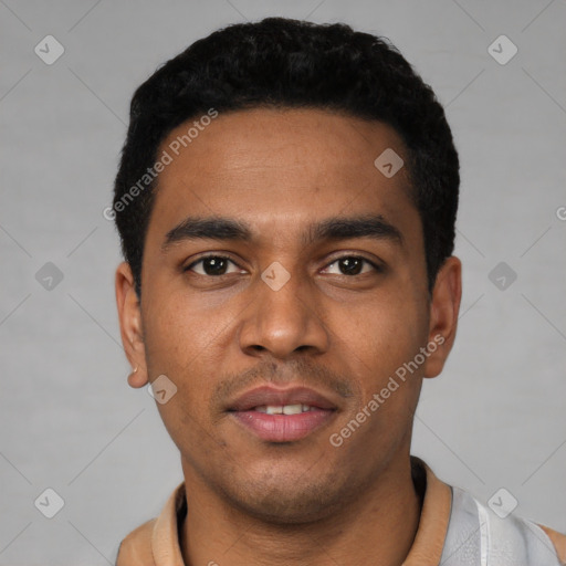 Neutral latino young-adult male with short  black hair and brown eyes