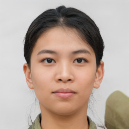 Neutral asian young-adult female with short  brown hair and brown eyes