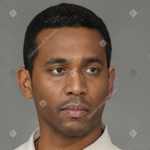 Neutral black young-adult male with short  black hair and brown eyes