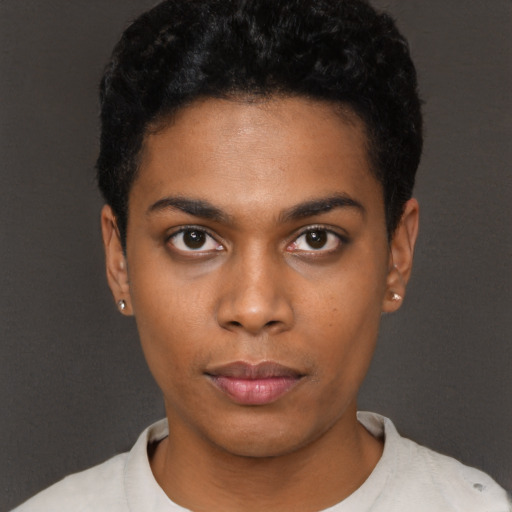 Neutral black young-adult female with short  black hair and brown eyes