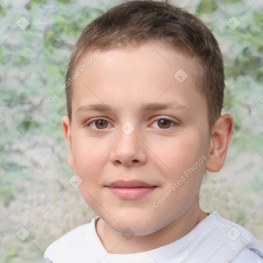 Joyful white child male with short  brown hair and brown eyes