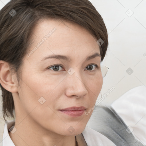 Neutral white young-adult female with medium  brown hair and brown eyes