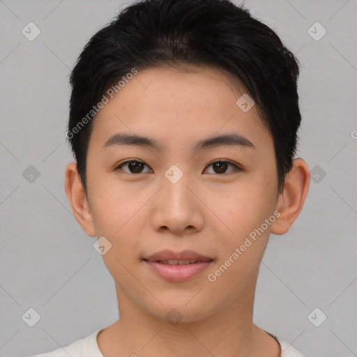 Joyful asian young-adult female with short  black hair and brown eyes