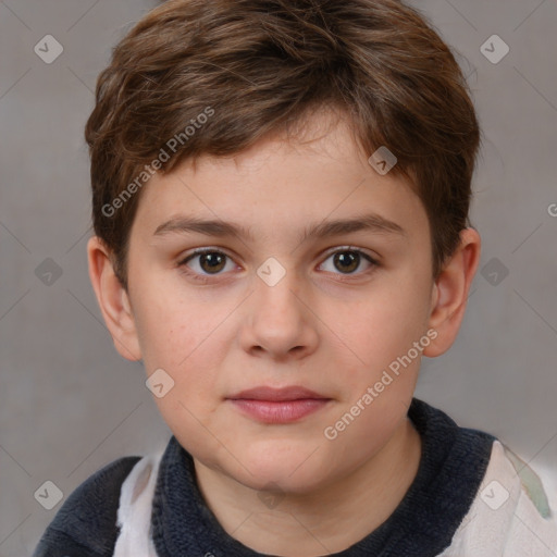 Joyful white child male with short  brown hair and brown eyes