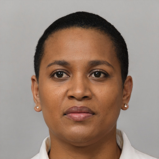 Neutral black young-adult female with short  black hair and brown eyes