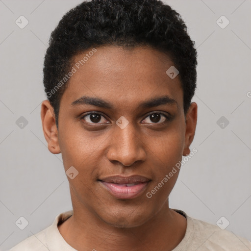 Joyful black young-adult male with short  black hair and brown eyes
