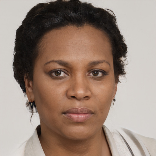 Neutral black adult female with short  brown hair and brown eyes