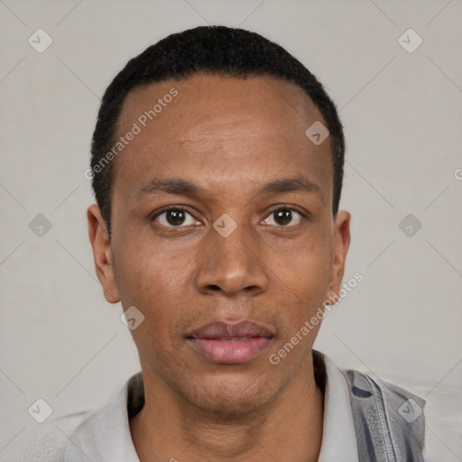 Neutral latino young-adult male with short  black hair and brown eyes