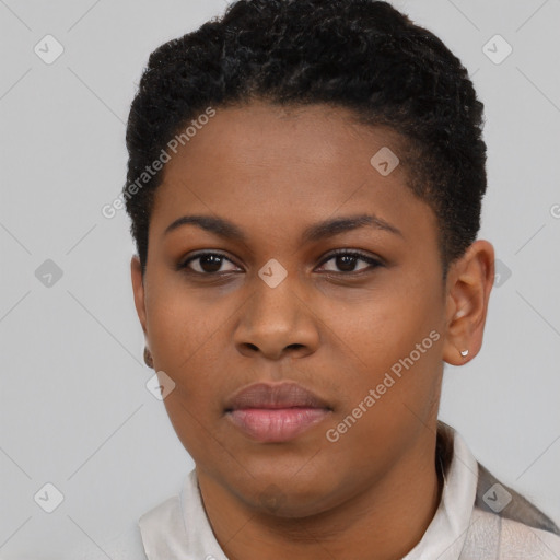 Neutral black young-adult female with short  black hair and brown eyes