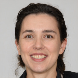 Joyful white adult female with medium  brown hair and brown eyes