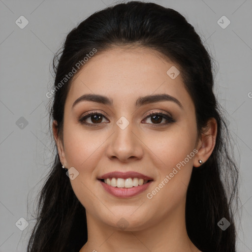 Joyful white young-adult female with long  brown hair and brown eyes